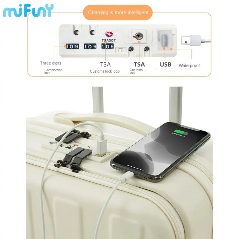 MIFUNY Front Open Password Luggage with USB Interface Pull Rod Trunk Travel Suitcase Carry on Luggage with Wheels Boarding Box