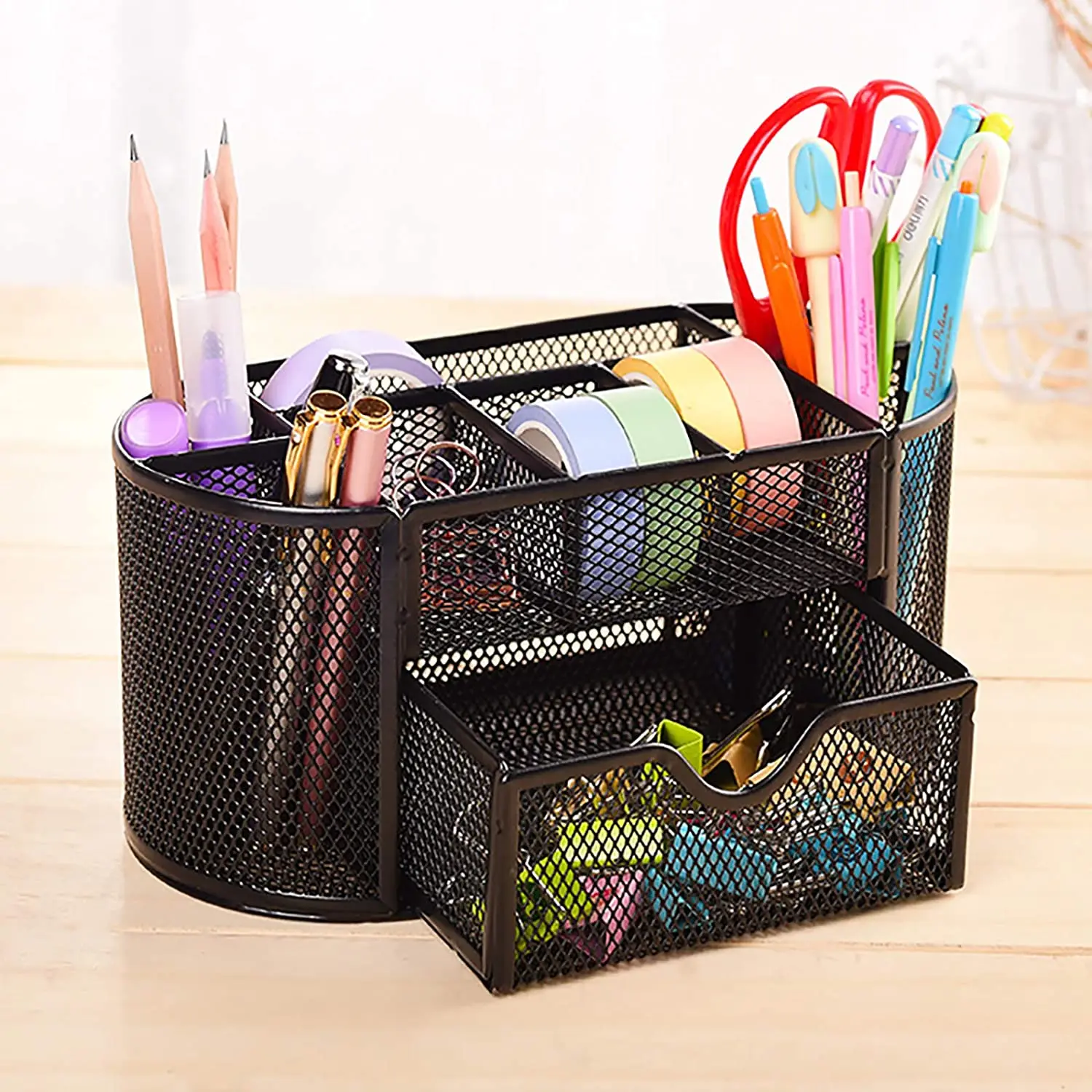 

Formwell Metal Mesh Desk Supply Caddy Desktop Office Supplies Organizer 8 Compartments with Drawer, stationery storage