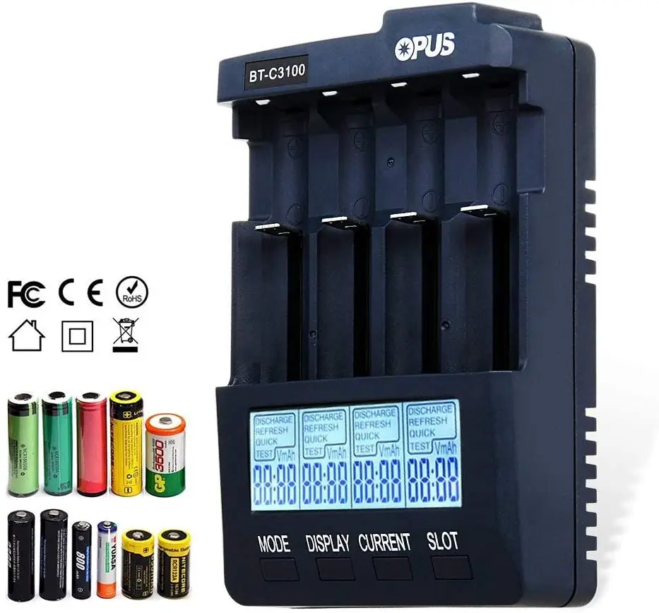 

Зарядное устройство OPUS C3100 V2.2 с ЖК-дисплеем для Li-Ion NiCd NiMH AA AAA 21700 18650 LiFePO4 21700 аккумуляторных батарей