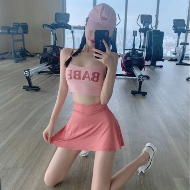 2022 Summer Yoga Suit Sports Fitness Clothes Korean Fashion Women Sexy Letter Vest Anti-Empty Casual Shorts Skirt Two-Piece Sets