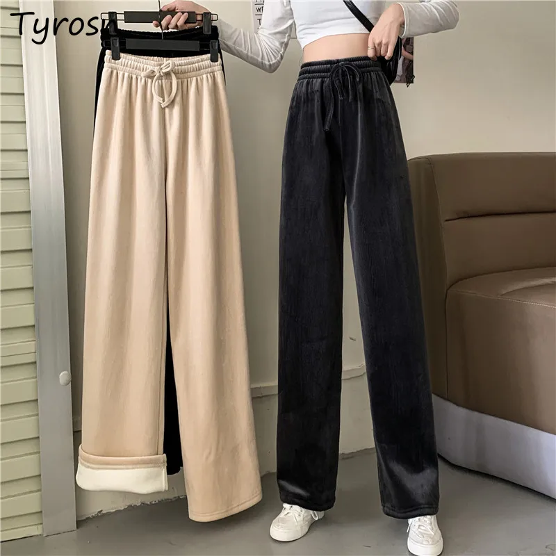 

Pleuche Plus Velvet Thicker Pants Women Warm Solid Black Drawstring Casual Pant Mujer Streetwear High Waist Wide Leg Trousers