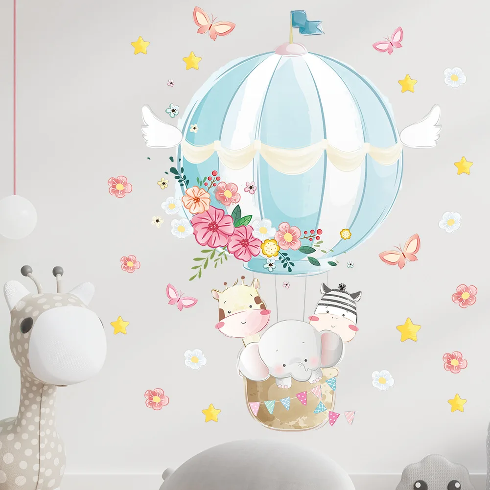 

Cute Elephant Giraffe Balloon Wall Stickers for Kids Rooms Boys Girls Baby Room Decoration Nursery Cartoon Animals Wallpaper