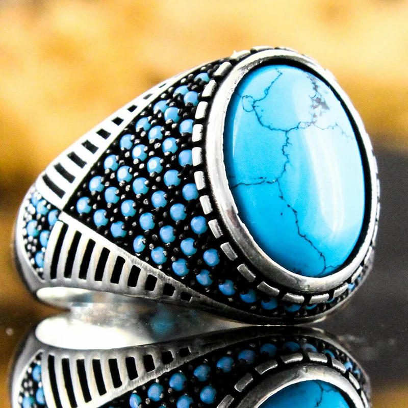 

Hip Hop Men's Silver Color Blue Geometric Oval Stone Finger Ring for Male Party Jewelry Size 6-13