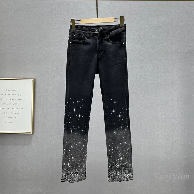 

European Style Jeans for Women 2022 New Autumn Jeans Elastic High Waist Slim Heavy Embroidery Hot Drilling Straight Skinny Pants
