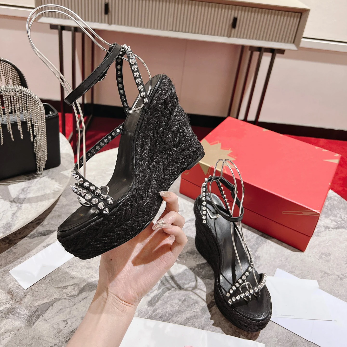 Top Quality Red Sole Womens High Heels 12cm Shoes Luxury Fashion Ladies Braided Sandals Classic Retro Designer High Heel HJ2047