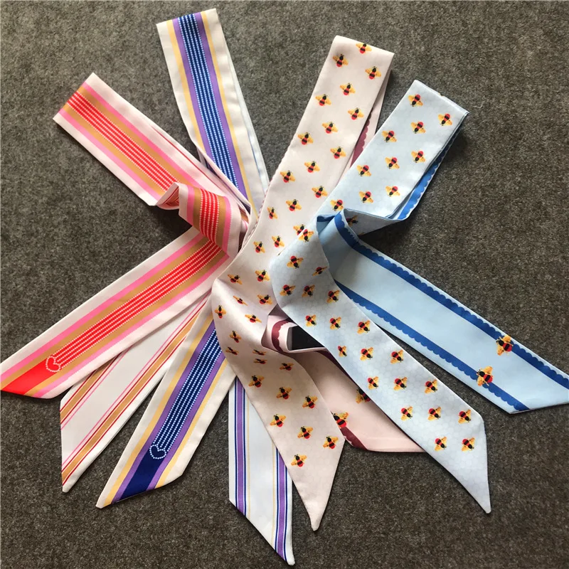 

Fashion Luxury Brand Summer Small Skinny Scarf Hair Bag Ribbon Geometric Bee Print Twill Silk Scarf Women Tie Head Scarves шарф