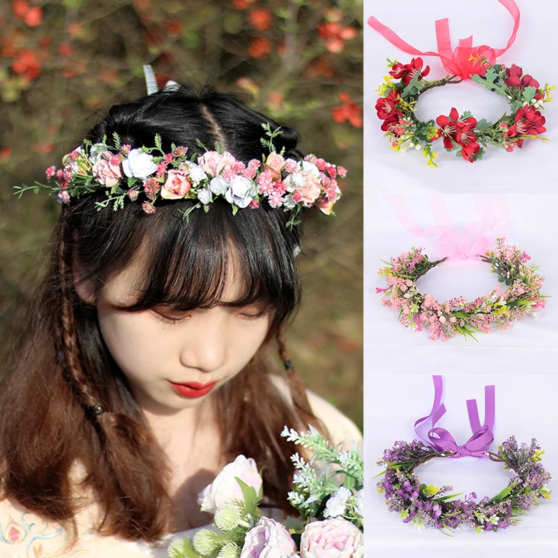 

Artificial Flower Wreath Bride Women Bohemia Beach Flower Crown Hair Band Wedding Floral Headband Garland Girl Hair Accessorie