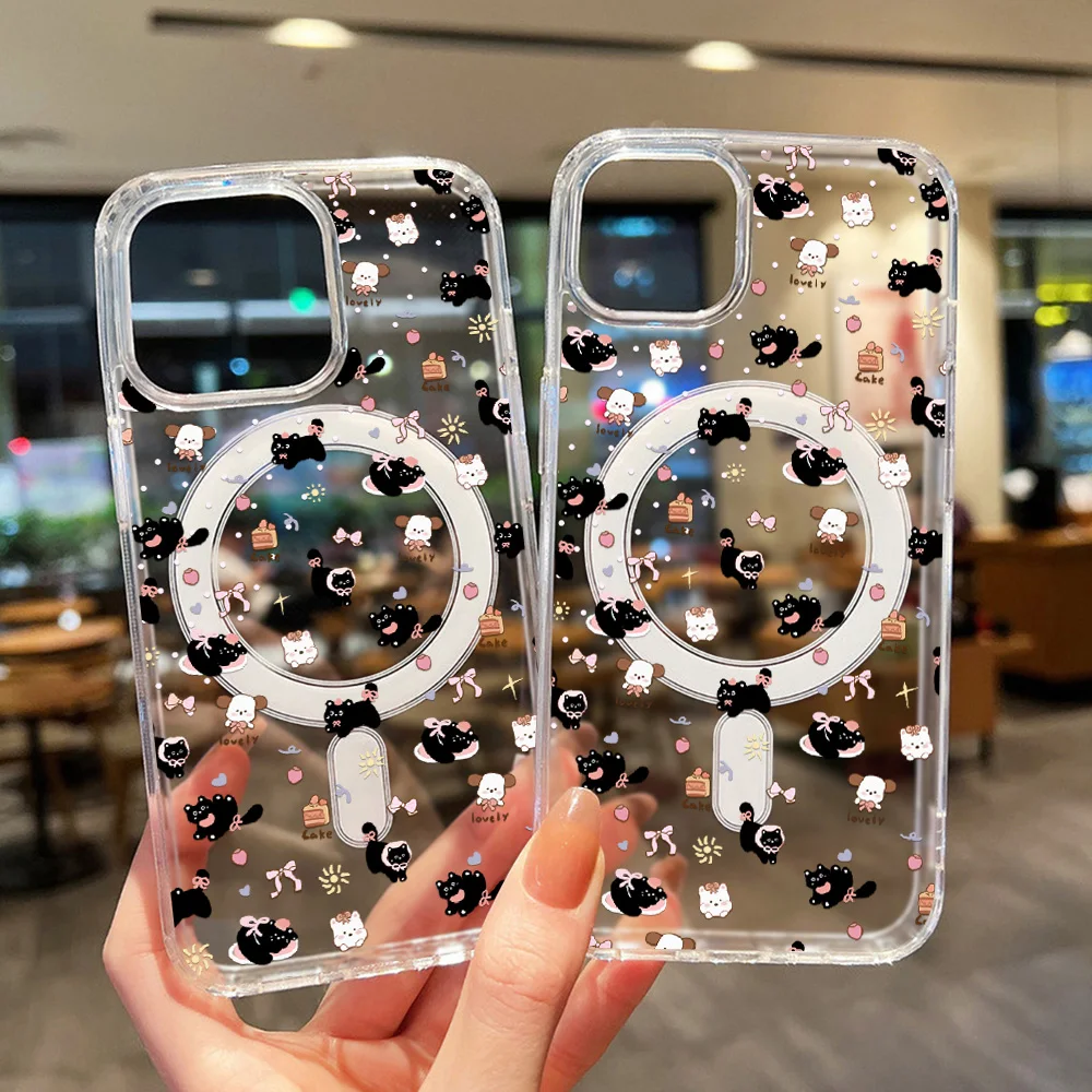 Фото Милый чехол для телефона с черной кошкой для iPhone 17 Pro, чехол-футляр для iPhone 16, 14, 13, 12, 11, 15 Pro Max, 17 Air, магнитный чехол для Magsafe №3