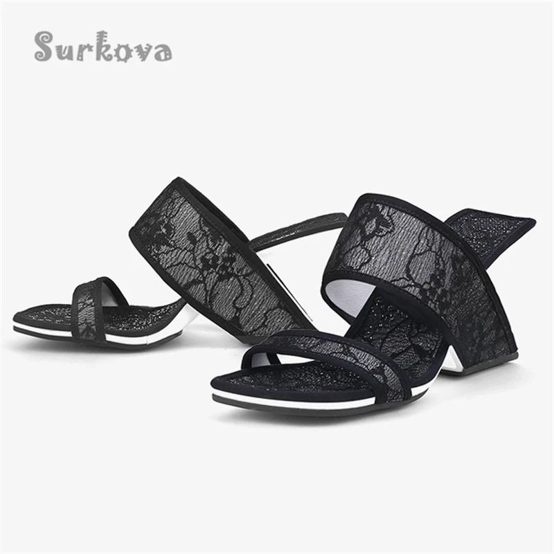 Lace Embroidered Sandals Pink Blue Black Hollow Wedges Slippers Women's Luxury Banquet Summer Shoes New Square Toe Slip-On Pumps