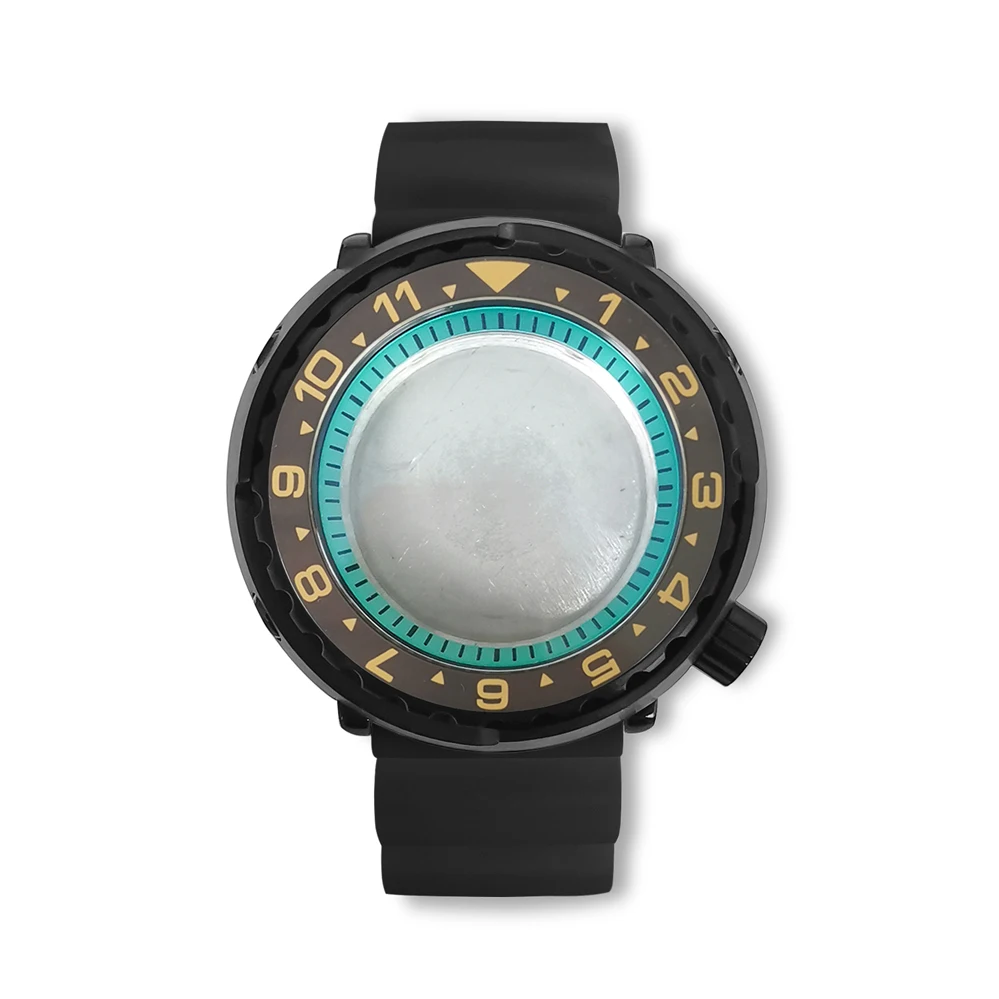 PVD Black 45mm Watch Case Can Case+light Blue Inner Ring+black Rubber Strap Can Hold NH35 NH36 Movement