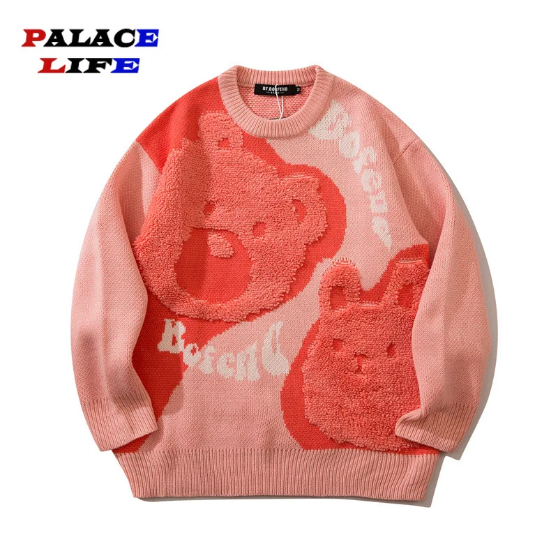 

Harajuku Fashion Casual Male Pullovers Autumn Men Knitted Jumper Sweaters Hip Hop Cute Bear Embroidery Letter Streetwear