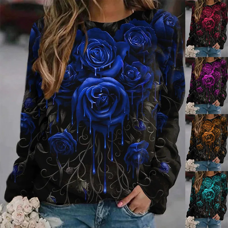 

Женская Повседневная Винтажная футболка, Свободный Топ с круглым вырезом, элегантный пуловер с длинным рукавом и цветочным принтом на осен...