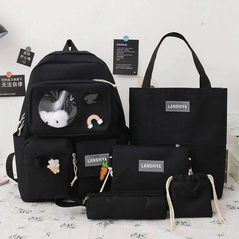 

JIERAN 5 Piece Set School Bags For Teenager Girls Kawaii Women Backpack Student Waterproof Canvas School Backpack Mochilas