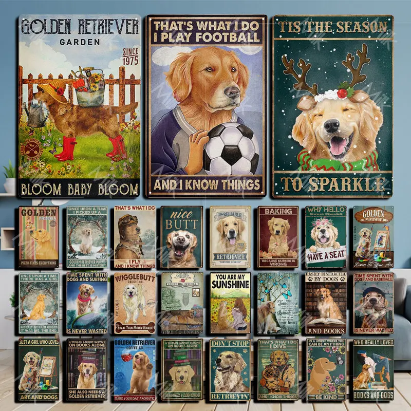 

Funny Golden Retriever Dog Metal Tin Sign Plates for Pet Shop Living Room Kitchen Home Garden Bar Club Pub Cinema Wall Decor