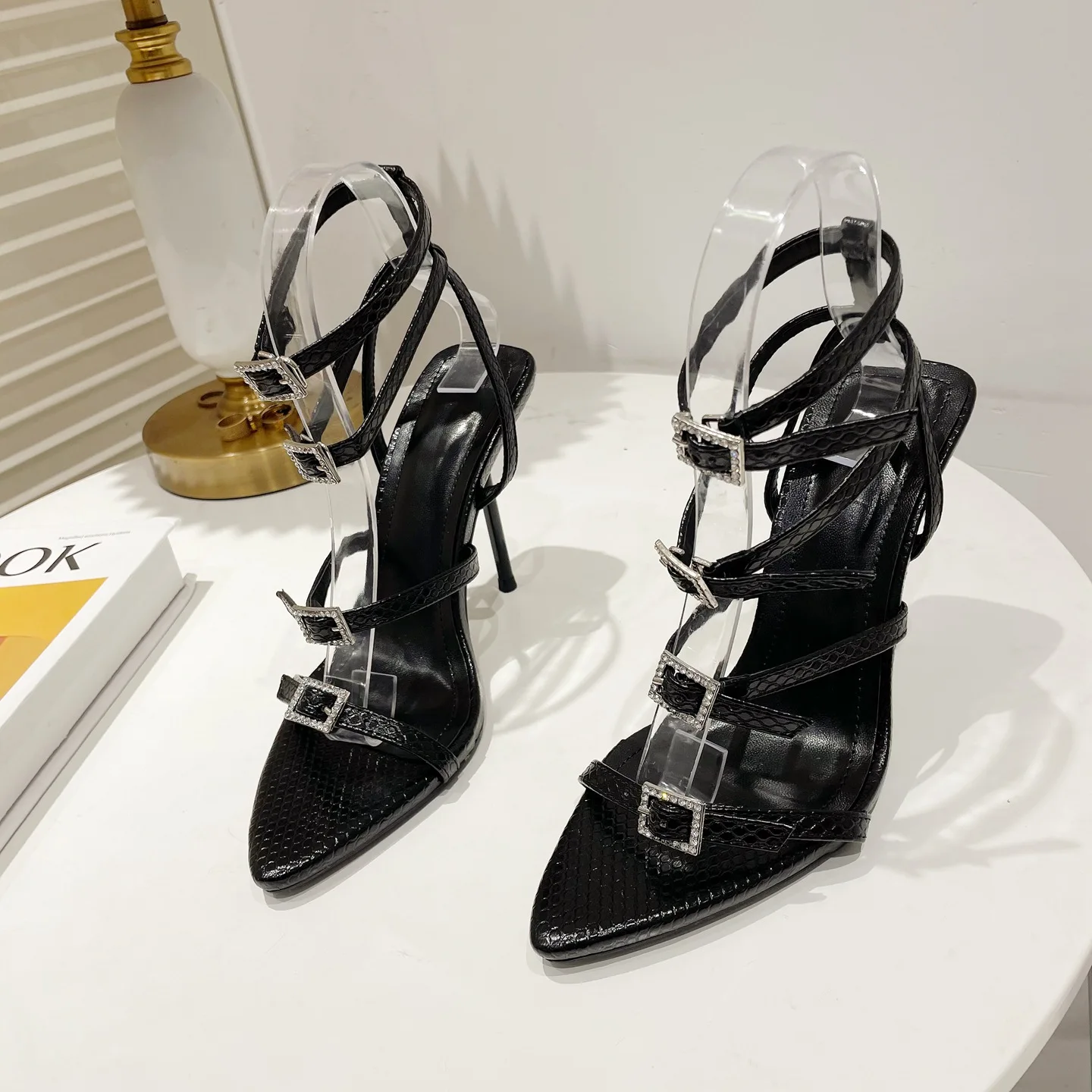 2023 European and American New High Heels Fashion Square Buckle Roman Sandals Sexy Thin Heel Women's Shoes