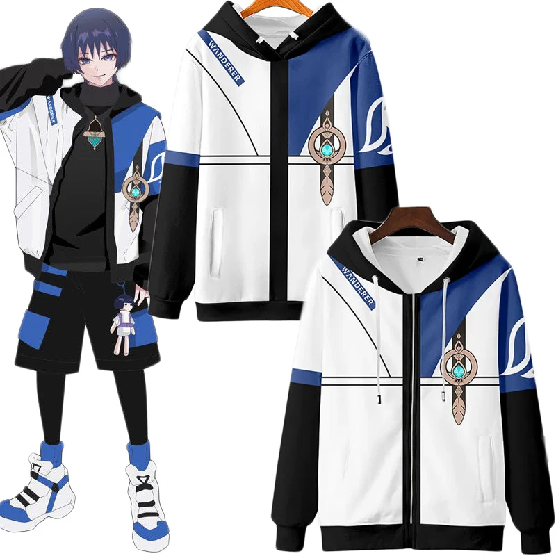 

Game Genshin Impact Wanderer Cosplay Coat Scaramouche Kunikuzushi Unisex Zipper Jacket Balladeer Hoodies Pullover Costume