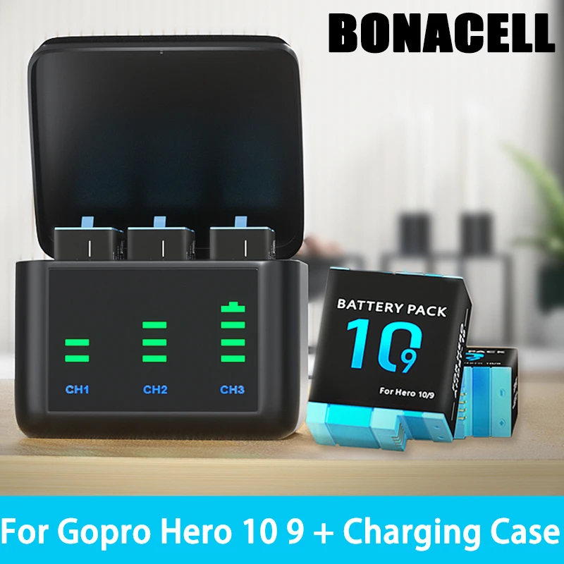 

For GoPro Hero10 9 Battery Charger 3 Way Charging Case Rechargeable 2000mAh Battery Storage Box For Go pro Hero 9 10 Accessories