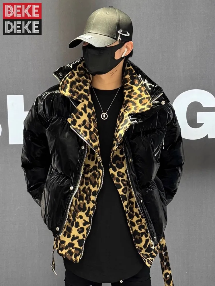 Зимнее мужское пальто модное лоскутное с леопардовым принтом искусственная