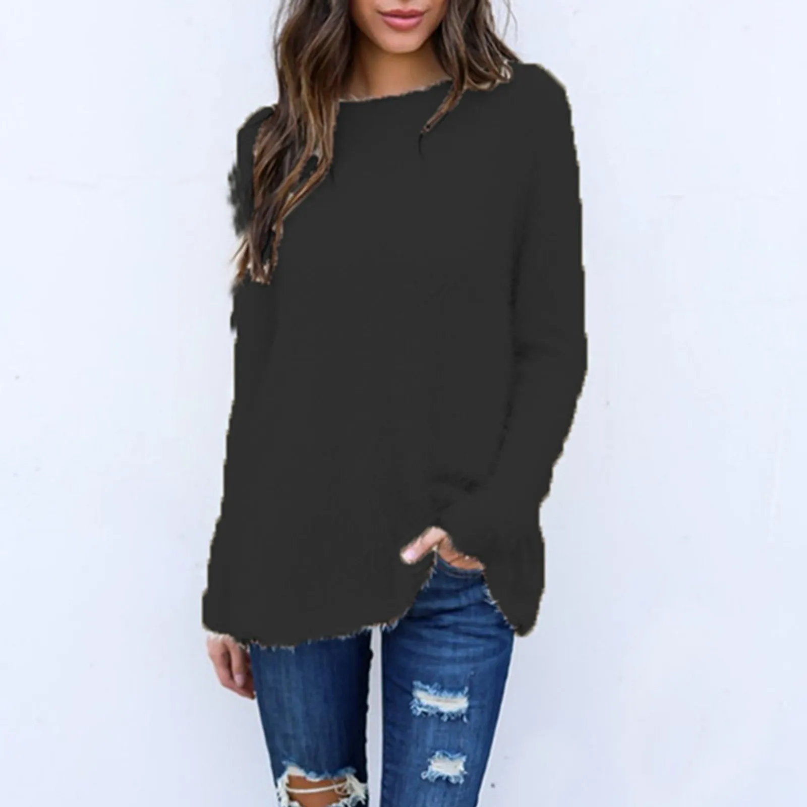 Женский модный однотонный удобный плюшевый свитер свободный повседневный топ с