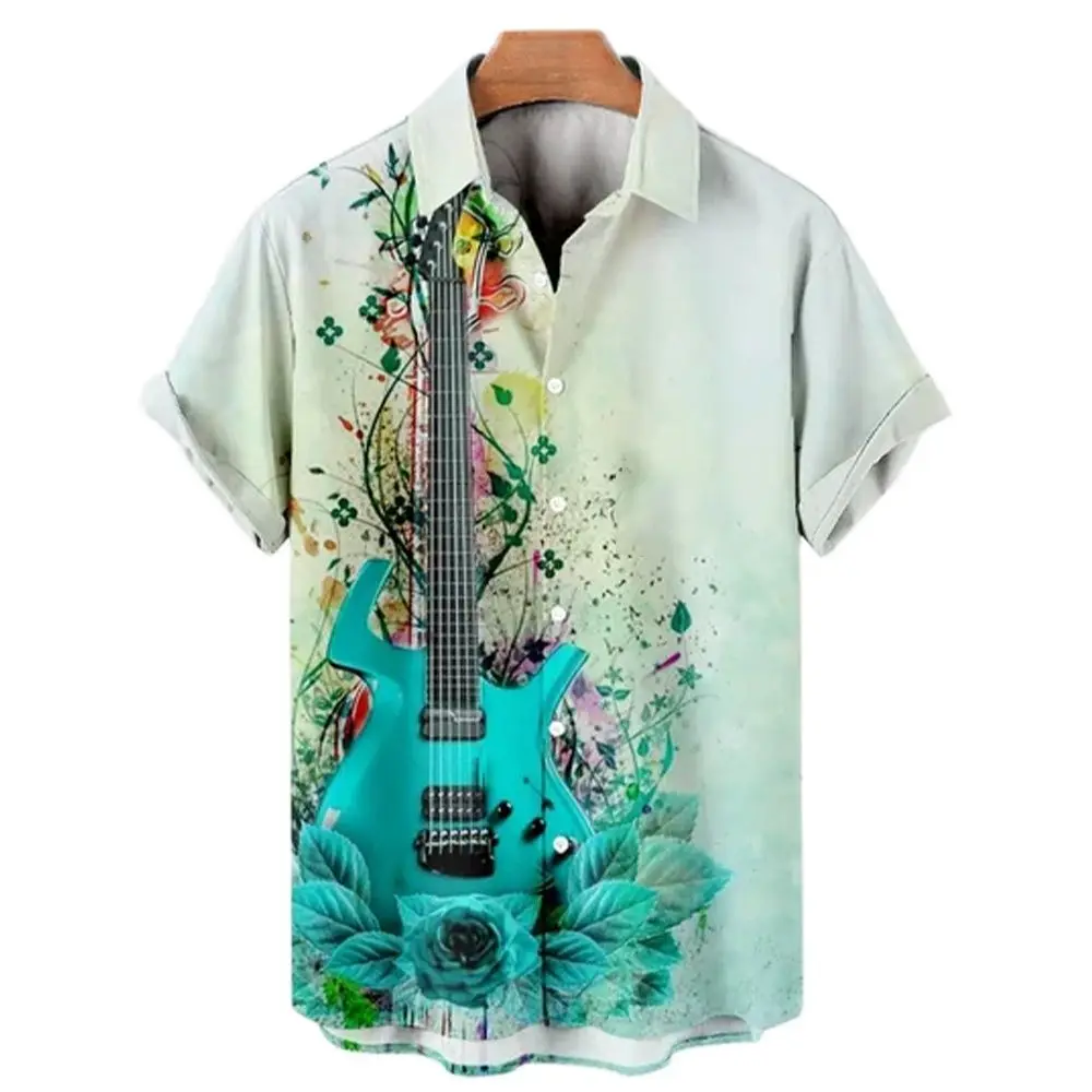 Music Guitar Print T-Shirt Men's Rock Hip Hop Top Men's Short Sleeve V-Neck Ahloa Beach Shirt Camisa Social Masculina
