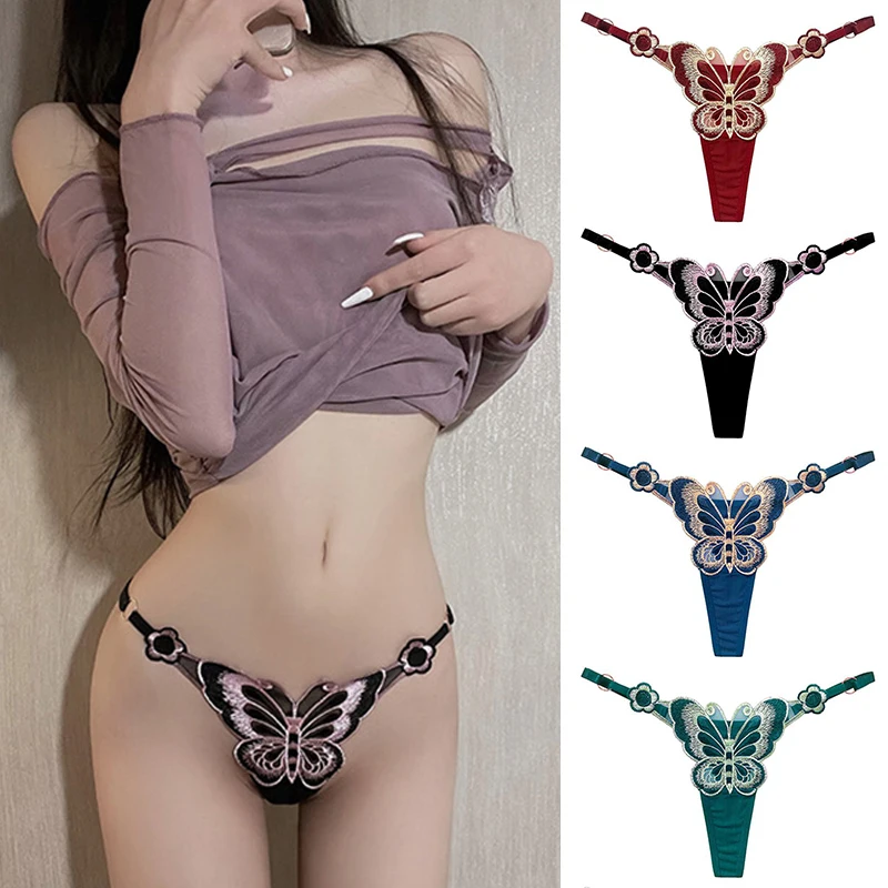 

Women Thongs Cute Butterfly Embroidery G Strings Sexy Transparent Mesh Briefs Adjustable Low Waist Panties Erotic Panties