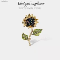 van gogh sunflower vintage enamel brooch personality design oil painting flower crystal bead brooch ladies corsage accessories