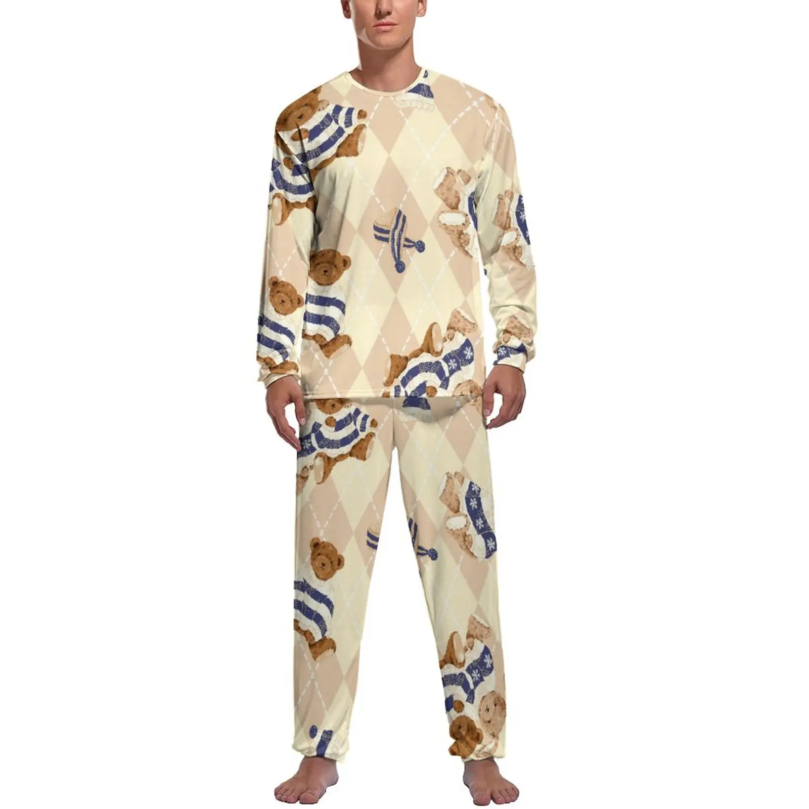 Cartoon Bear Print Pajamas Male Geometry Retro Nightwear Spring Long Sleeve 2 Pieces Leisure Custom Pajamas Set