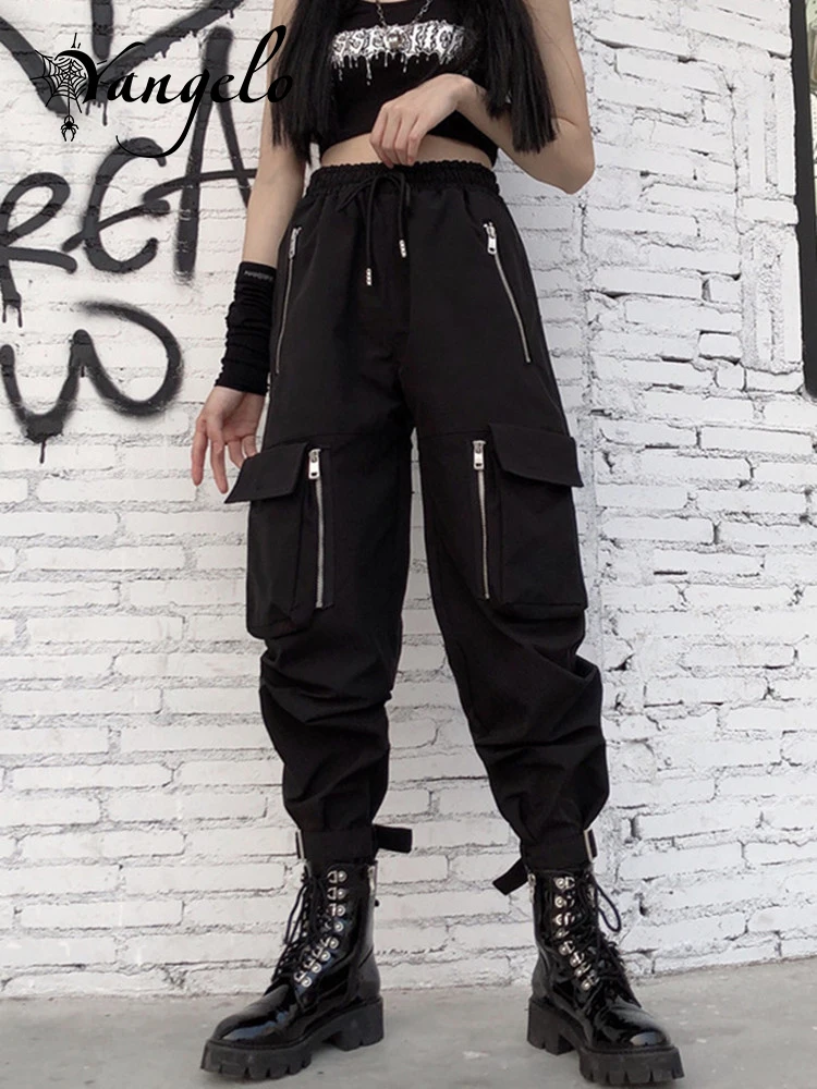 

Черные брюки-карго Yangelo в стиле Харадзюку, брюки на молнии с большим карманом и высокой талией в стиле панк, уличная одежда, свободные брюки, женская одежда