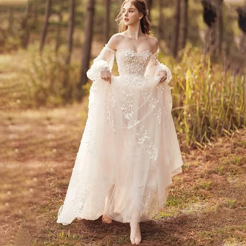 

MODERN XUAN A-line Long Puff Sleeve Wedding Dress Bridal Gowns Appliques Robe De 2023 Sweetheart Lacing up Formal for Women