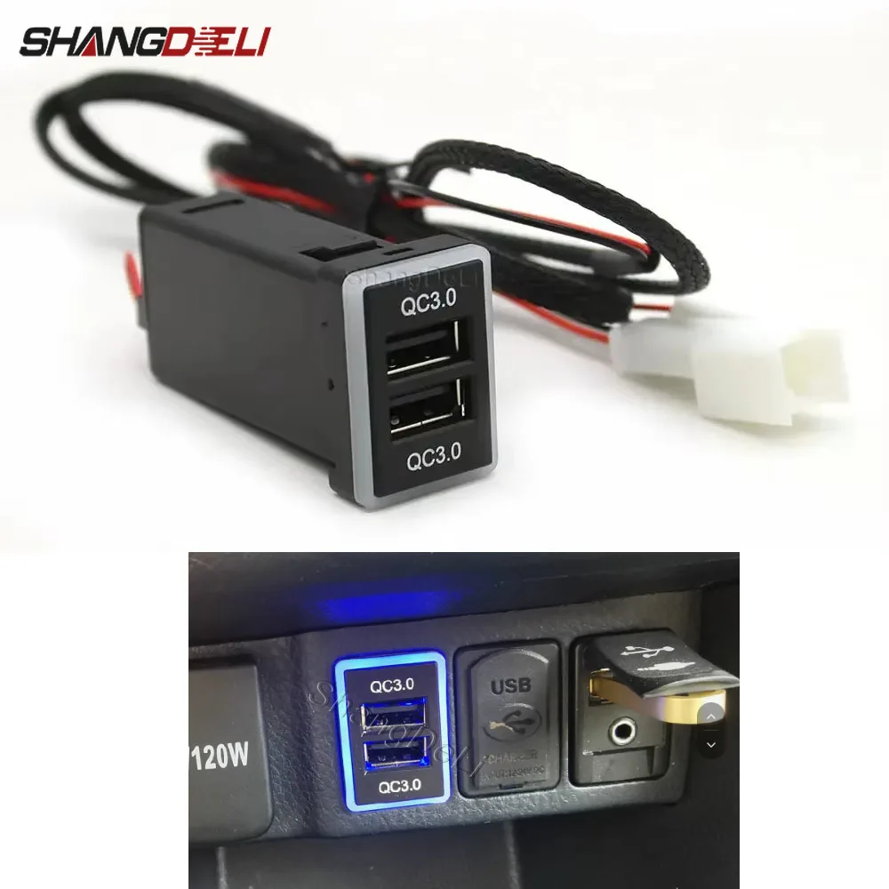 

Синий светодиодный светильник для быстрой зарядки, двойной USB-разъем QC3.0, автомобильное зарядное устройство, адаптер питания для Toyota camry corolla rav4 hilux, аксессуары