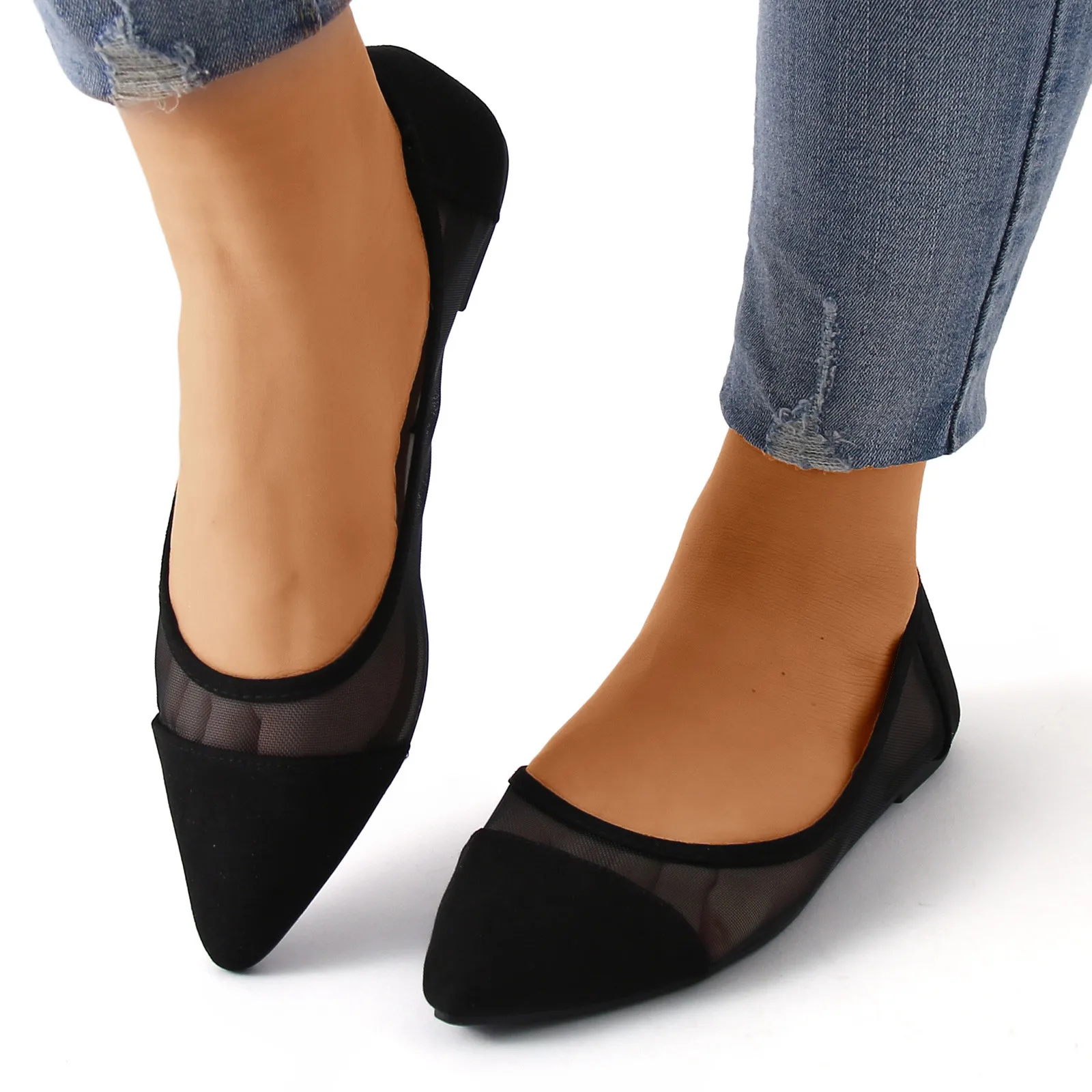 

Женские однотонные туфли на плоской подошве, сезон весна-осень 2023, вязаные туфли с острым носком, удобные туфли на плоской подошве из тюля в стиле пэчворк