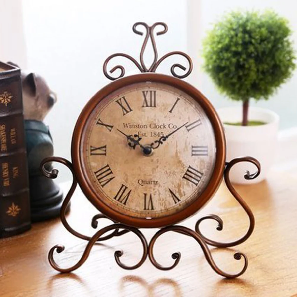 

European Table Clock Vintage Non- Ticking Clock Beside Desk Clock Wrought Silent Clock for Bedroom Living Room Indoor Decoration