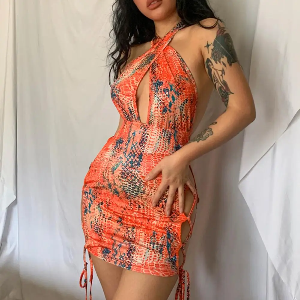 

Backless Side Bandage Hollow Out High-Waist Hip Wrap Club Dress Sexy 3D Digital Print Cross Halter Skinny Mini Dress Streetwear
