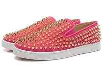 fashion design rose red frosted leather low top gold spiked shoes flat bottom red sole round head lefu shoes mens casual shoes