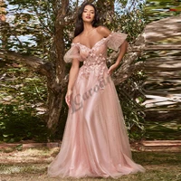 caroline pink tulle sweetheart evening dress off shoulder flower appliques beads robes de soir%c3%a9e prom gowns party custom made