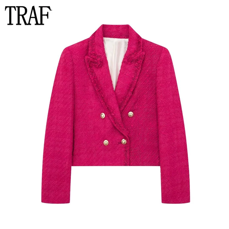 

TRAF Tweed Cropped Blazer Woman Fuchsia Double Breasted Jacket Women Long Sleeve Blazers for Women Gold Button Office Blazers