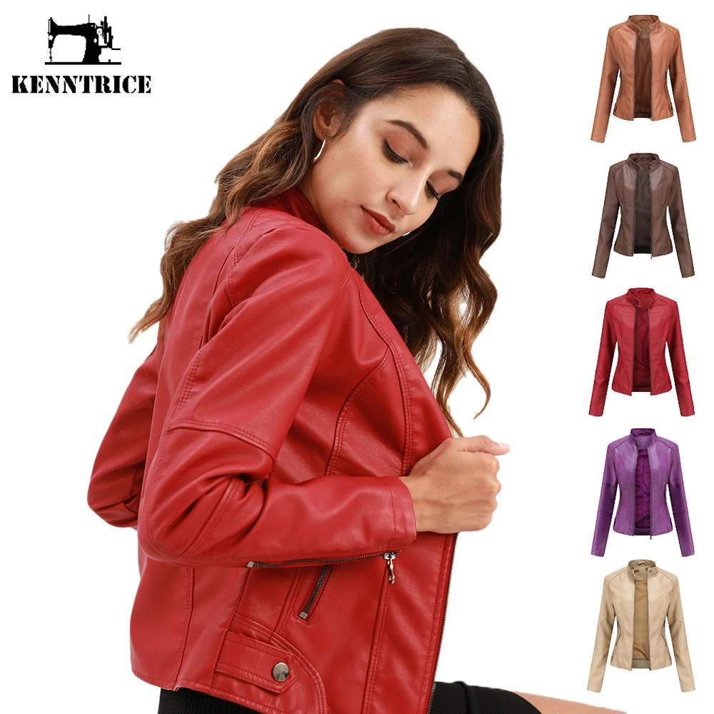 

Kenntrice Women Casual Short Outwear Oversized PU Leather Jacket Spring Autumn Female Zipper Slim Coat Mandarin Collar Ladies