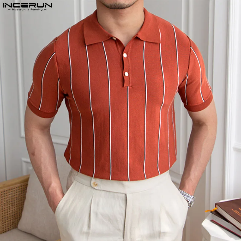 

INCERUN Tops 2023 Korean Style Men Fashion Lapel Striped Printed Shirts Casual Party All-match Simple Short Sleeved Blouse S-5XL