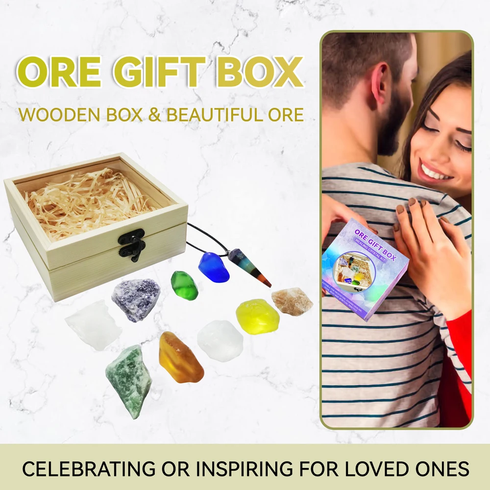 

Natural Ore Stone Pack with 7 Chakra Prisms Pendant Lucky Energy Rock Home Yoga Room Ornament MAZI888