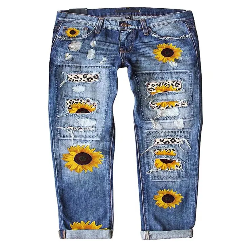 

HMCN Women`s Sunflower Printed Denim Pants Mid Waist Jeans Patch Ripped Trousers Destroyed Skinny Pants Stretch Jeans for Female