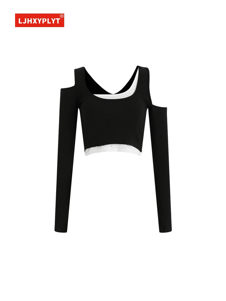 

Fake Two-piece Suspender Long-sleeved T-shirt Women's Spring Summer Simple Style Design Off-the-shoulder Slim Short Top Female