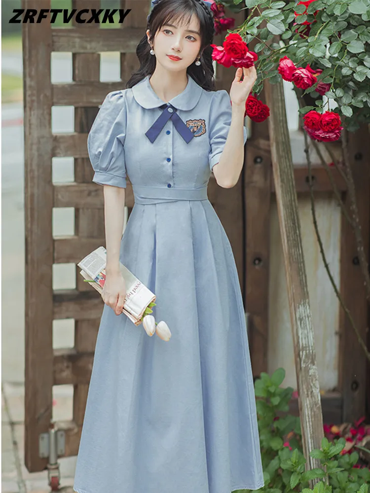 

Summer New Vintage Blue Dresses Women's Elegant Sweet Bow Tie Collar Puff Sleeve Dress Ladies Designer Pleat Bandage Dress