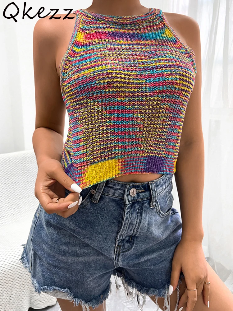 

Qkezz Colorful Women Knit Tank Top Color Block Rainbow Y2K Tanks Short Summer Sleeveless Sweaters Casual Lightweight Chic Tops