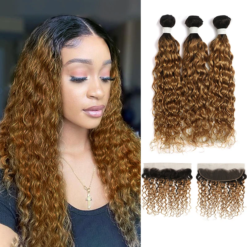 

Water Wave Ombre Blonde Bundles With Frontal SOKU Brazilian 100% Remy Human Hair Weave Bundles With 13x4 Ear to Ear Lace Frontal