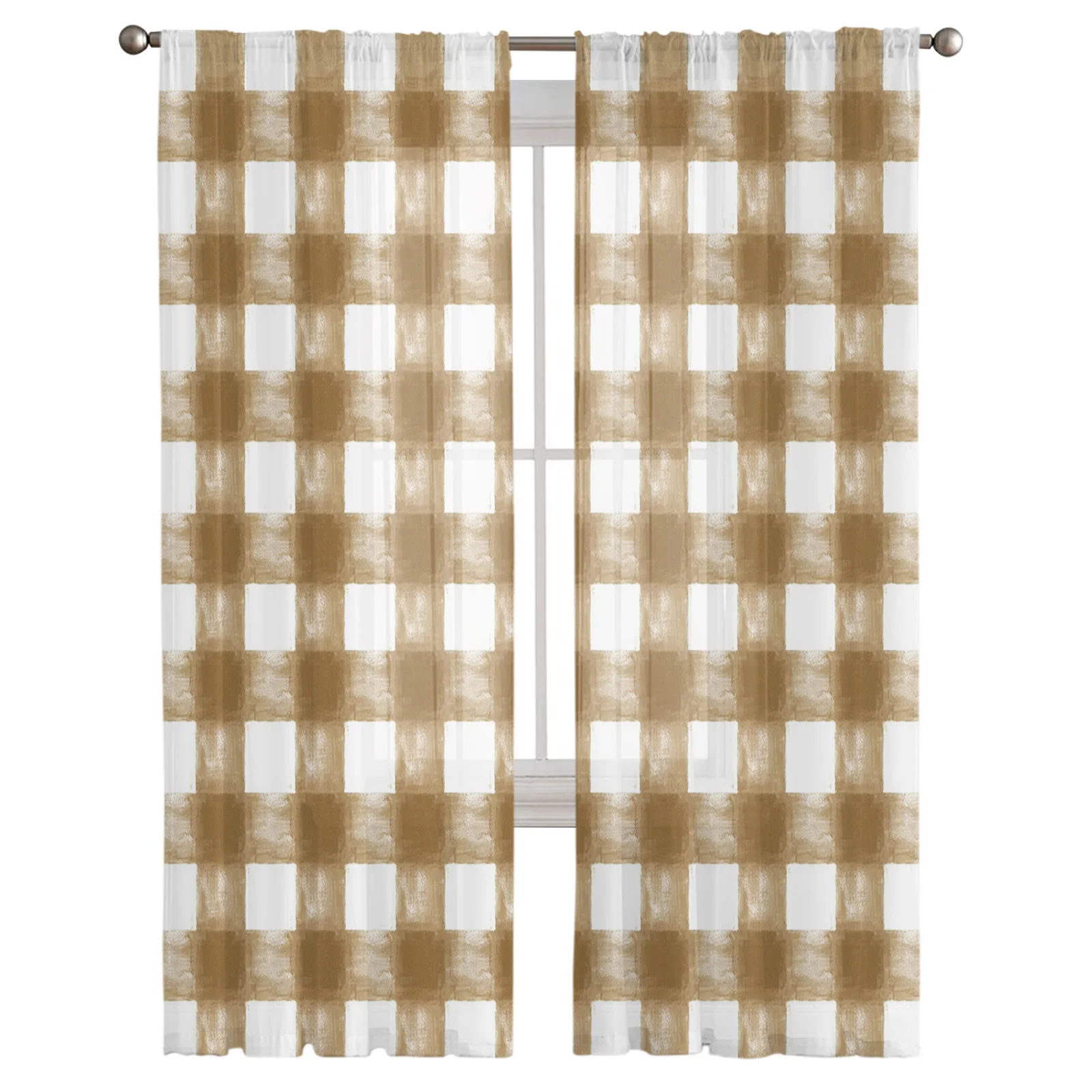 Идиллические коричневые занавески с современной квадратной сеткой из акварели для гостиной, украшенные шторами из вуаля для спальни, декоративные оконные украшения.