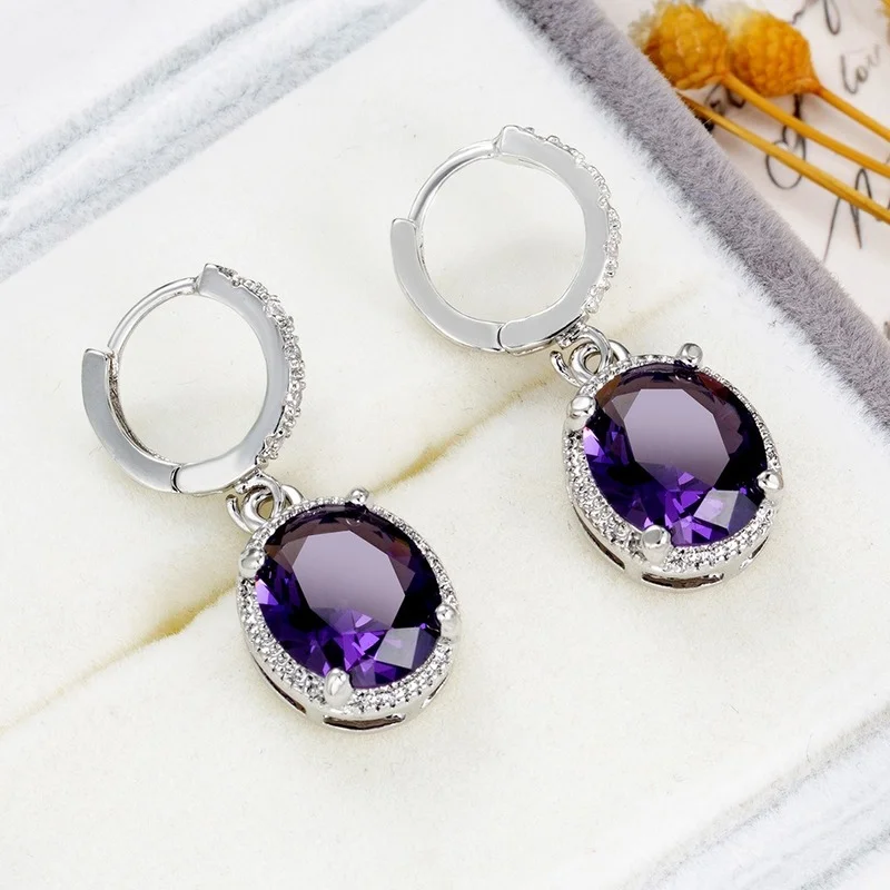 

Fashion Elegant Purple Color Oval Zircon Dangle Earrings for Women Personality Temperament Charm Earring Wedding Party Jewelry