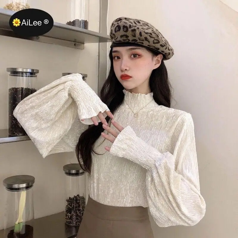 Зимняя Флисовая теплая Базовая Блузка Женская водолазка Топ с длинным