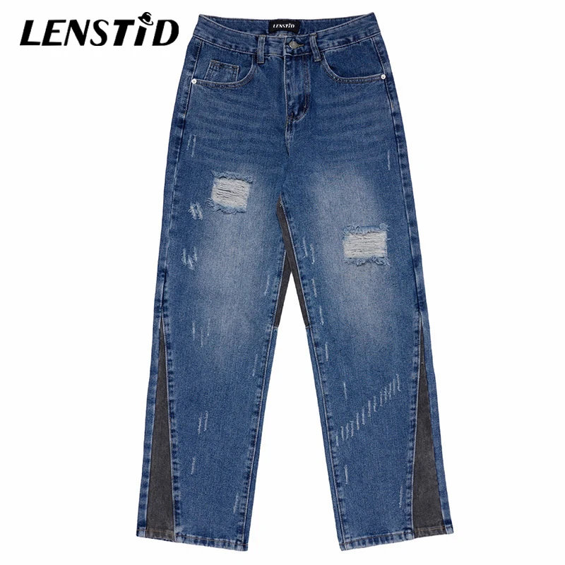 

LENSTID Spring Men Ripped Hole Denim Pants Hip Hop Patchwork Jogger Jeans 2022 Streetwear Harajuku Fashion Cotton Harem Trousers