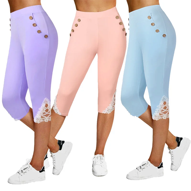 

High Waisted Lace Applique Capri Leggings Women Cropped Skinny Jeggings Colorful Button Embellishment Pencil Pants