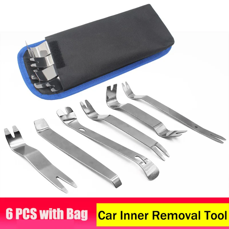 6PCS Kit Trim Door Clip Panel Dash Dashboard Audio Radio Interior Repair removal Tool Metal Silver color Car Removal Pry Tool